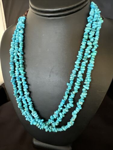 Blue Kingman Nugget Turquoise Necklace | 3-Strand Navajo Sterling Silver | 20" | 15340