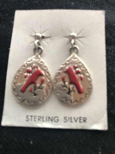 Zuni Coral Pendant Necklace & Earrings Set | Sterling Silver | Cardinal Design | Authentic Native American Old Pawn Jewelry