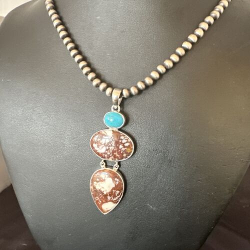 Navajo Wild Horse Blue Kingman Turquoise Necklace | Sterling Silver | 17321