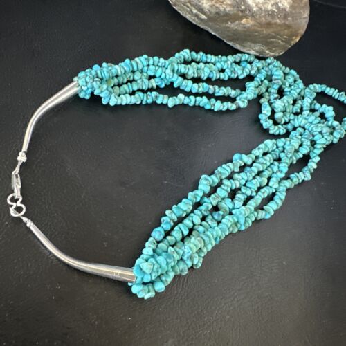 Navajo Blue Turquoise Nugget Bead Necklace | 5 Strand | Sterling Silver | 18" | 15077