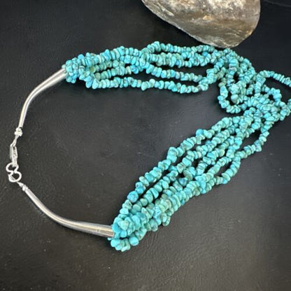 Navajo Blue Turquoise Nugget Bead Necklace | 5 Strand | Sterling Silver | 18" | 15077