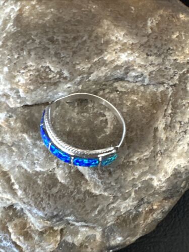 Navajo Blue Opal Inlay Ring | Sterling Silver | Sz 7.5 | Authentic Native American Handmade | 16433