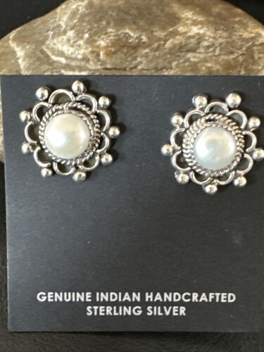 Navajo White Pearl Post Stud Earrings | Sterling Silver | Authentic Native American Handmade | 15329