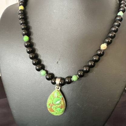 Green Mojave Turquoise & Onyx Pendant | Navajo Pearl Sterling Silver Necklace 21" | 17499