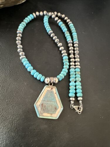 Navajo Turquoise Inlay Pendant Necklace | Sterling Silver | Authentic Native American Handmade | 17076