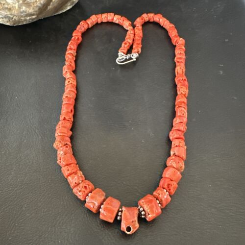 Navajo Graduated Red Coral Bead Necklace | Sterling Silver | 20" | Authentic Native American Handmade | 17375