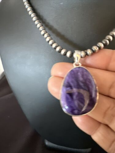 Navajo Pearls Purple Charoite Pendant Necklace | Sterling Silver Beads | Authentic Native American Handmade | 15517