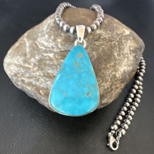 Navajo Blue Kingman Turquoise Pendant Necklace | Sterling Silver | 20" | Authentic Native American Handmade | 16724