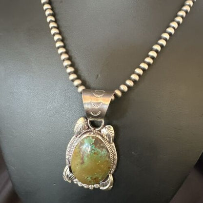 Men's Navajo Green Turquoise Pendant Necklace | Sterling Silver | Authentic Native American Handmade | 17527