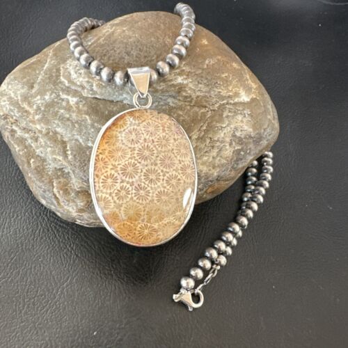Navajo Champagne Fossil Coral Pendant Necklace | Sterling Silver Beads | Authentic Native American Handmade | 16370