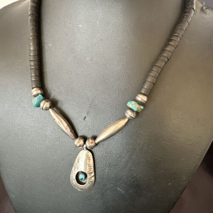 Navajo Blue Turquoise Black Onyx Shadowbox Pendant | Sterling Silver Necklace | 16" | 17542