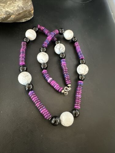 Navajo Purple Sugilite Onyx Howlite Bead Necklace | Sterling Silver | 25" | Authentic Native American Handmade | 16948