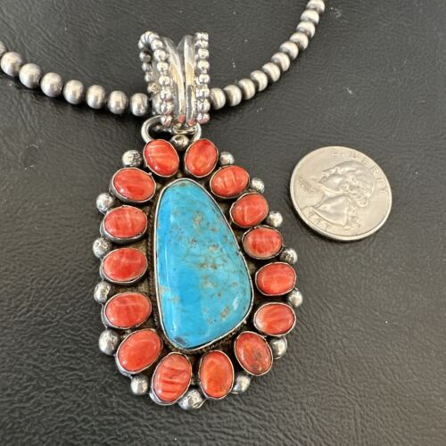 Navajo Turquoise Spiny Oyster Cluster Pendant Necklace | Sterling Silver | Native American Handmade | 17152