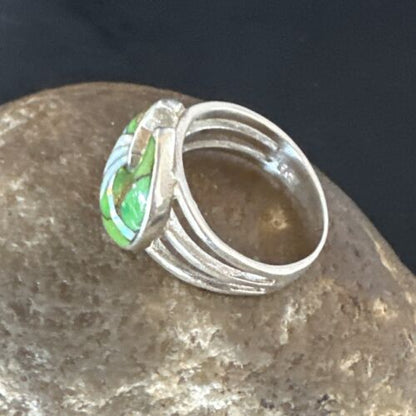 Navajo Bear Inlay Ring | Opal Green Turquoise | Sz 7.5 | Authentic Native American Handmade | 15395