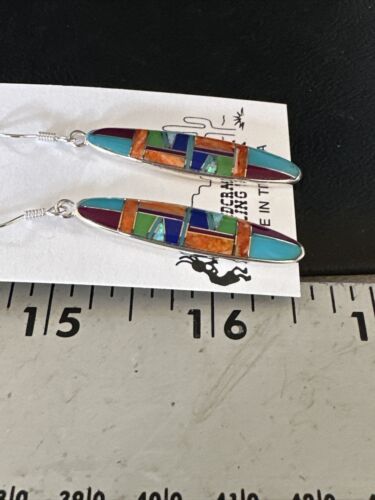 Southwestern Sterling Silver Multi-Color Turquoise Lapis Inlay Earrings | Authentic Native American Handmade | 14937