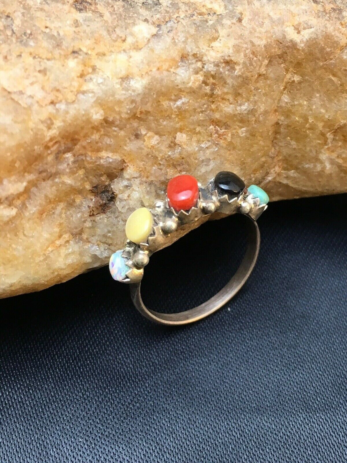 Zuni Blue Opal Coral Turquoise Ring | Authentic Native American Sterling Silver | Multi-Stone | Sz 6.5 | 8999