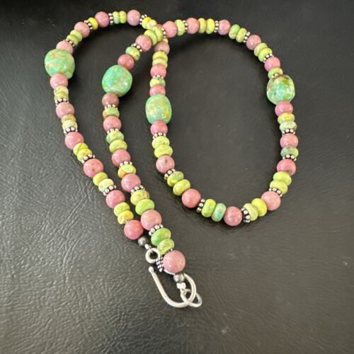Navajo Green Turquoise Rhodochrosite Necklace | Sterling Silver | Authentic Native American Handmade | 20" | 17492