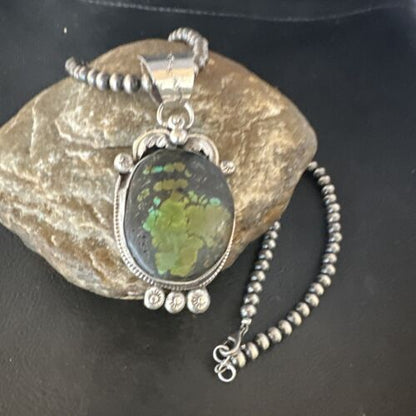 Navajo Green Turquoise Pendant Necklace | Sterling Silver | Authentic Native American Handmade | 15039