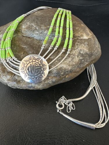 Navajo Green Gaspeite Heishi Concha Necklace | 5 Strand Liquid Sterling Silver | 20" | 15872