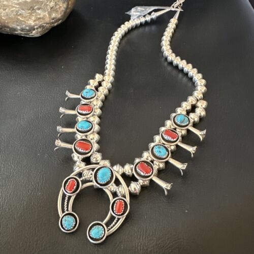 Navajo Shadowbox Coral Kingman Turquoise Squash Blossom Necklace | Sterling Silver | 17" | 16112