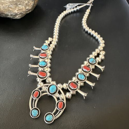 Navajo Coral Kingman Turquoise Squash Blossom Necklace | Sterling Silver | 17" | 10889