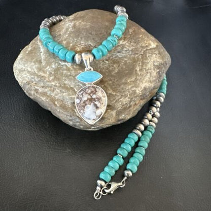 Wild Horse | Blue Kingman Turquoise Necklace Pendant | Sterling Silver | Multi-Stone | 17575