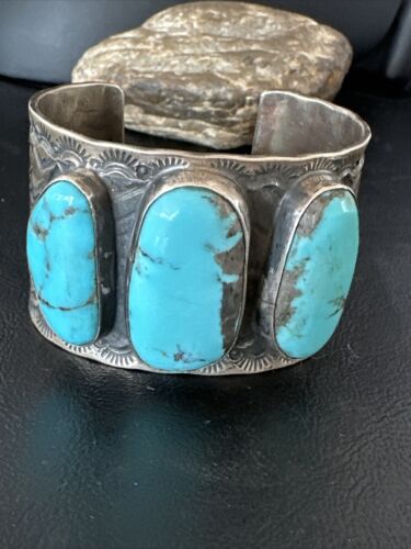 XL Men's Kingman Blue Turquoise 3 Stone Cuff Bracelet | Navajo Sterling Silver | 15857