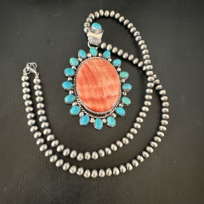 Navajo Kingman Turquoise & Red Spiny Oyster Pendant Necklace | Sterling Silver | 16014