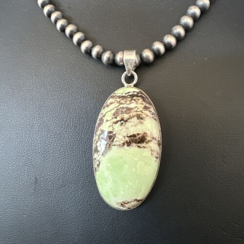 Navajo Green Gaspeite Pendant Necklace | Sterling Silver | Authentic Native American Handmade | 15481