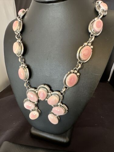 Navajo Pink Conch Squash Blossom Necklace with Naja Pendant | Authentic Native American Handmade | 15897