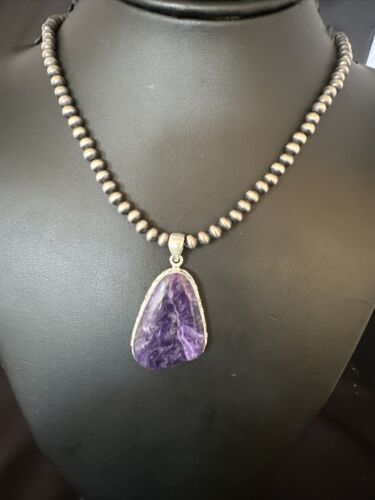 Navajo Pearls Purple Sugilite Pendant Necklace | Sterling Silver Beads | Authentic Native American Handmade | 15512