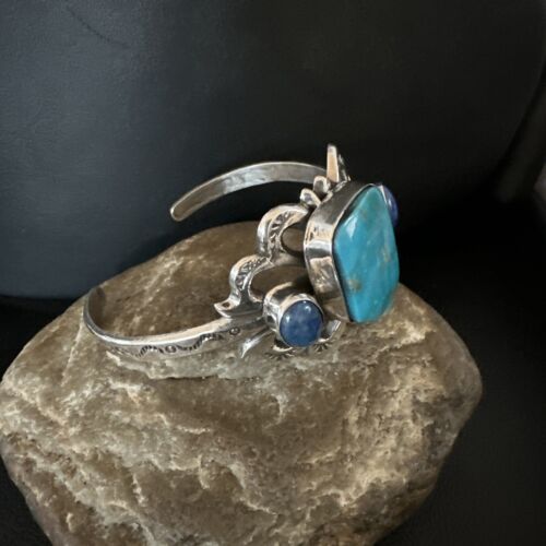 Kingman Turquoise Lapis Cuff Bracelet | Navajo Sterling Silver Tufa Cast | Authentic Native American Handmade | 16781