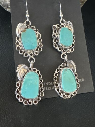 Navajo Blue Kingman Turquoise Dangle Earrings | Sterling Silver | Authentic Native American Handmade | 15188