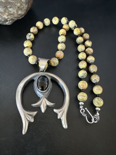 Men's Black Onyx Naja Pendant | Navajo Bumblebee Sterling Silver Necklace | Authentic Native American Handmade | 16092 - Masha USA