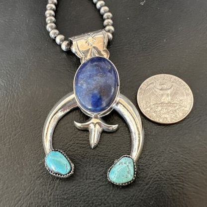 Blue Turquoise Lapis Lazuli Naja Pendant | Navajo Sterling Silver | Authentic Native American Handmade | 16412