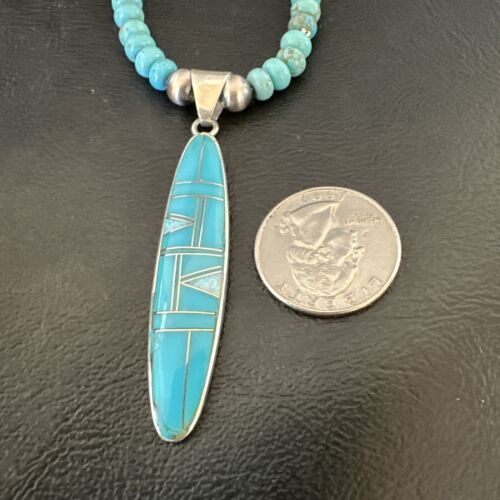 Navajo Blue Kingman Turquoise Opal Inlay Pendant | Sterling Silver Necklace | Authentic Native American Handmade | 16645 - Masha USA