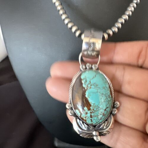 Men's Blue #8 Turquoise Pendant Necklace | Navajo Sterling Silver | Authentic Native American Handmade | 14975