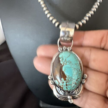Men's Blue #8 Turquoise Pendant Necklace | Navajo Sterling Silver | Authentic Native American Handmade | 14975