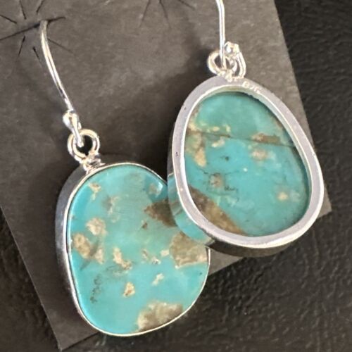 Navajo Blue Turquoise Dangle Earrings | Sterling Silver | Authentic Native American Handmade | 15433