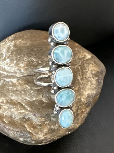 Navajo Blue Larimar Multi-Stone Cluster Ring | Authentic Native American Sterling Silver | Sz 7.5 | 15942