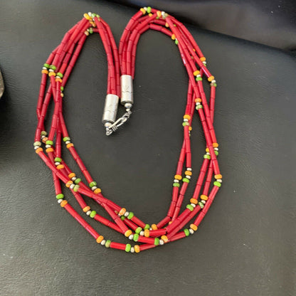 Navajo Red Coral Spiny Turquoise Bead Necklace with Pendant | Sterling Silver | 21" | 10923