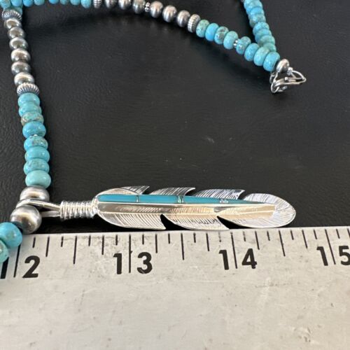 Men's Turquoise Inlay Feather Pendant Necklace | Sterling Silver | Authentic Native American Handmade | 17249