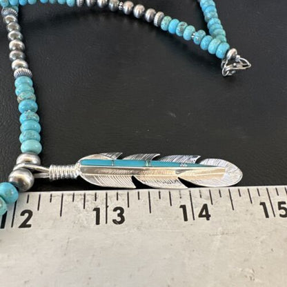 Men's Turquoise Inlay Feather Pendant Necklace | Sterling Silver | Authentic Native American Handmade | 17249