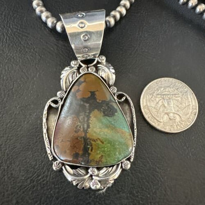 Men's Navajo Green Turquoise Pendant Necklace | Sterling Silver | Authentic Native American Handmade | 17532