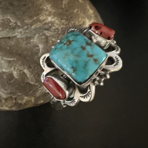 Kingman Turquoise Coral Cuff Bracelet | Navajo Tufa Cast | Sterling Silver | Authentic Native American Handmade | 16780