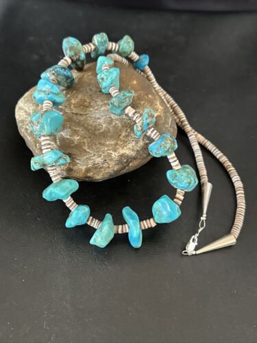 Navajo Kingman Turquoise Shell Heishi Bead Necklace | Sterling Silver | 28" | Authentic Native American Handmade | 17448