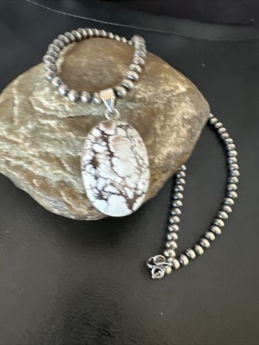Navajo Wild Horse Turquoise Pendant Necklace | Sterling Silver Pearls | Authentic Native American Handmade | 15716