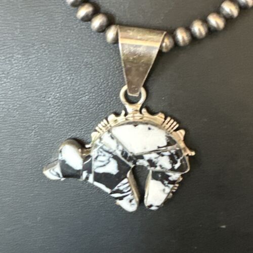 Navajo White Buffalo Turquoise Bear Inlay Pendant Necklace | Sterling Silver | Native American Handmade | 15248