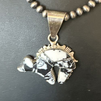 Navajo White Buffalo Turquoise Bear Inlay Pendant Necklace | Sterling Silver | Native American Handmade | 15248