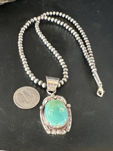 Navajo Pearls Blue Turquoise Necklace Pendant | Sterling Silver | Authentic Native American Handmade | 14880